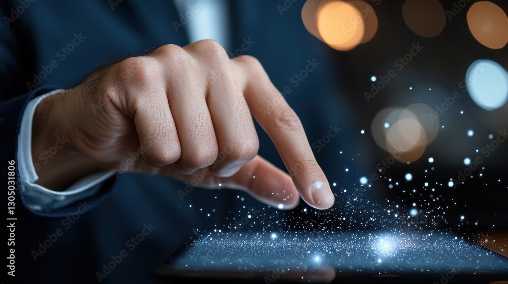 Poster close up of a human hand touching and interacting with a digital high tech interface on a modern res