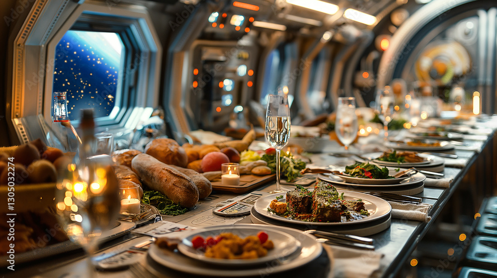 Poster this guests indulge in a lavish meal surrounded by stunning views of outer space.