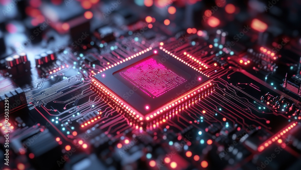 Poster intricate close-up of a modern circuit board with vibrant red and blue led lights showcasing advance