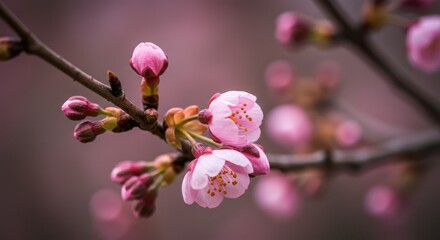 Blooming Pink Cherry Blossoms on Branch in Spring Season Close-up