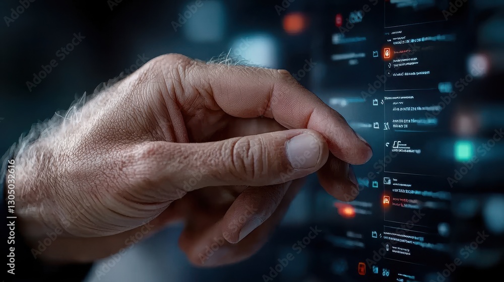 Poster close up shot of a human hand with finger touching or swiping on the digital screen interface of a m