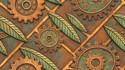 An artistic steampunk background featuring detailed interlocking gears, mechanical parts, and vintage textures.