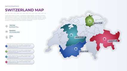 Fototapeta premium Total Area, Papulation, States & More Detailed Infographic Map of Switzerland. Switzerland country map infographic colored vector template with regions and pointer marks.