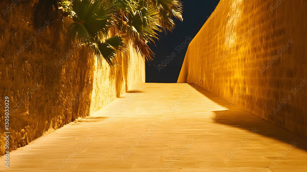 Poster a serene, illuminated pathway flanked by warm-toned walls and lush greenery, creating a tranquil amb