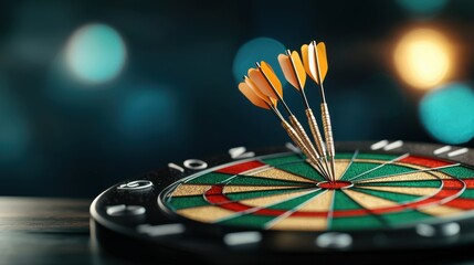 Close up view of darts game with colorful arrows hitting the bullseye on a classic wooden dartboard  Concept of accuracy skill strategy and competitive leisure activity