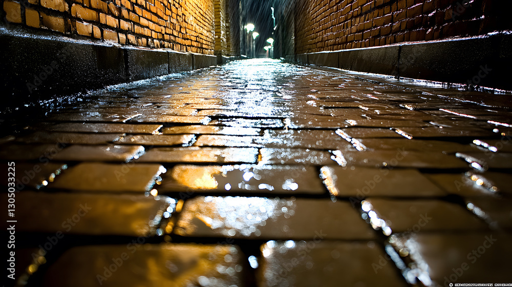 Poster a dimly lit alley with wet cobblestones reflecting light, creating a moody, atmospheric scene perfec
