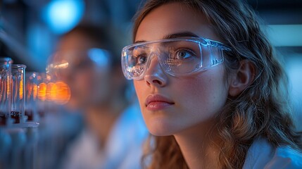 Young Female Scientist in Lab with Safety Glasses Observing Samples Under Blue Light Environment