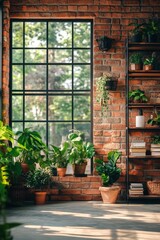 Serene indoor garden oasis with lush greenery and rustic brick wall beside a window in natural light