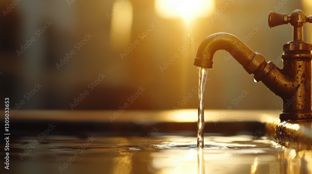 Poster close up view of an old worn and rusty metal faucet with water dripping and flowing out creating rip