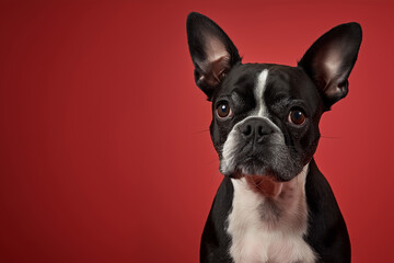 Fototapeta premium Boston Terrier dog on minimalistic colorful background with Copy Space. Perfect for banners, veterinary ads, pet food promotions, and minimalist designs.