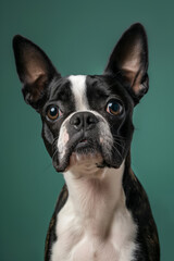 Fototapeta premium Boston Terrier dog on minimalistic colorful background with Copy Space. Perfect for banners, veterinary ads, pet food promotions, and minimalist designs.