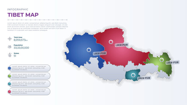 Total Area, Papulation, States & More Detailed Infographic Map of Tibet. Tibet country map infographic colored vector template with regions and pointer marks.