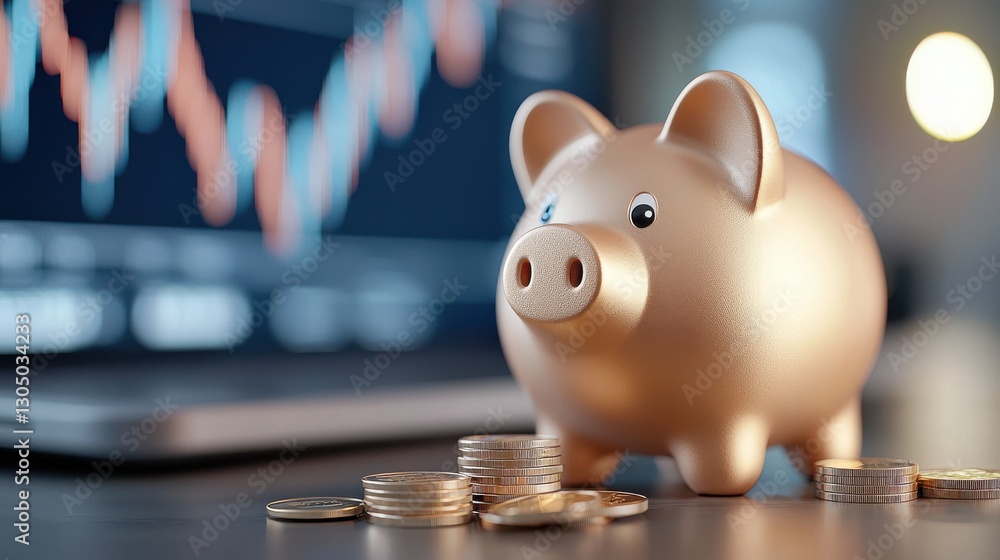 Poster closeup view of a pink piggy bank placed on a desk beside a computer monitor displaying various fina