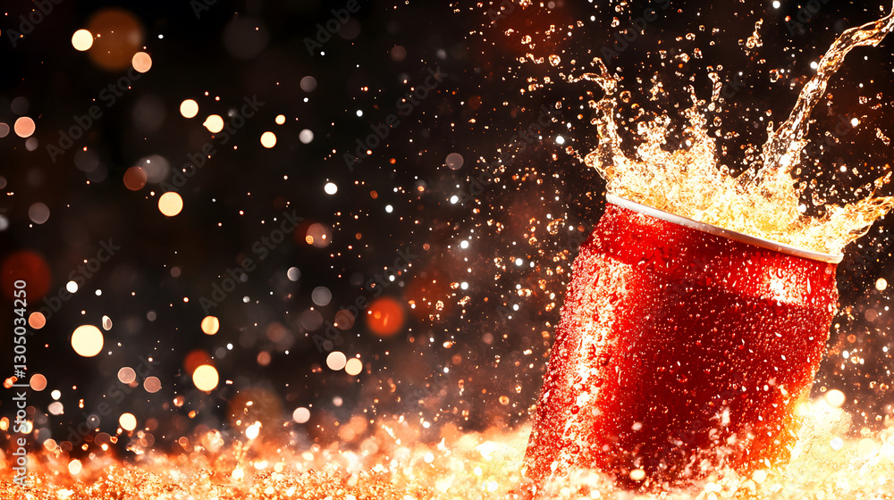 Poster a vibrant splash of liquid surrounds a red can, creating a dynamic, energetic scene with glittering 