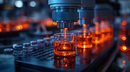 Laboratory Experiment with Microscope Analyzing Viscous Orange Liquid in Glass Vials in Bright Environment