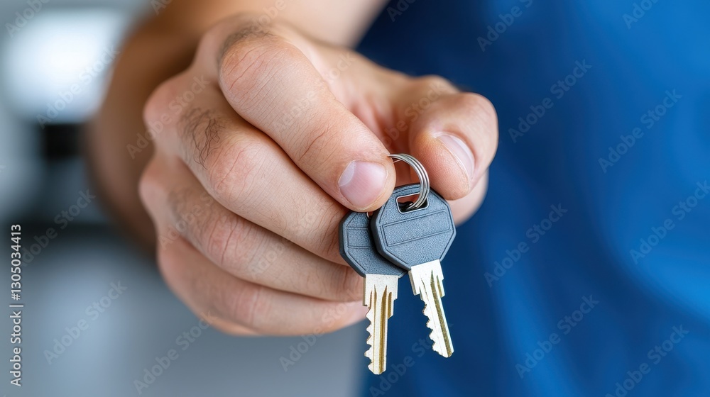 Poster close up shot of a person s hand holding a set of house or office keys symbolizing security access a