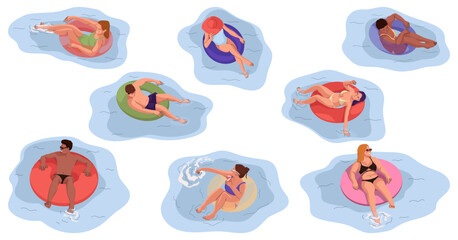 Set Of Men And Women Floating On Rubber Ring