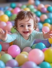 A joyful toddler playing in a colorful ball pit, surrounded by soft, vibrant plastic balls in pastel and bright tones. 
