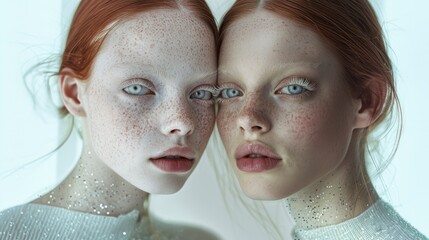 Ethereal Portrait of Freckled Twin Sisters with Red Hair and Blue Eyes