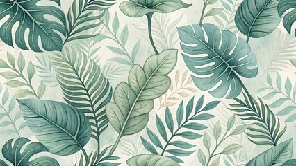 A lush tropical leaf pattern featuring various green botanical elements with a hand-painted watercolor effect. Perfect for nature, summer, and eco-friendly designs.