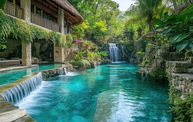 Serene Tropical Oasis with Lush Greenery, Tranquil Waterfalls, and Inviting Poolside Retreat for Relaxation and Leisure in a Paradise Setting