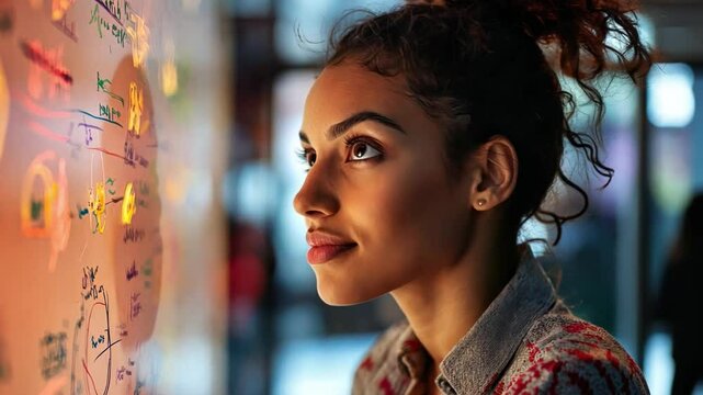 Strategic Gaze: A contemplative young woman studies a wall covered in complex charts and diagrams, her eyes focused with intent and intrigue.