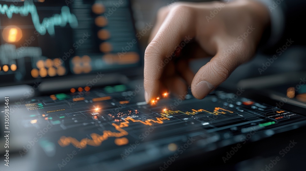 Poster close up view of a person s hand interacting with a digital dashboard interface displaying financial