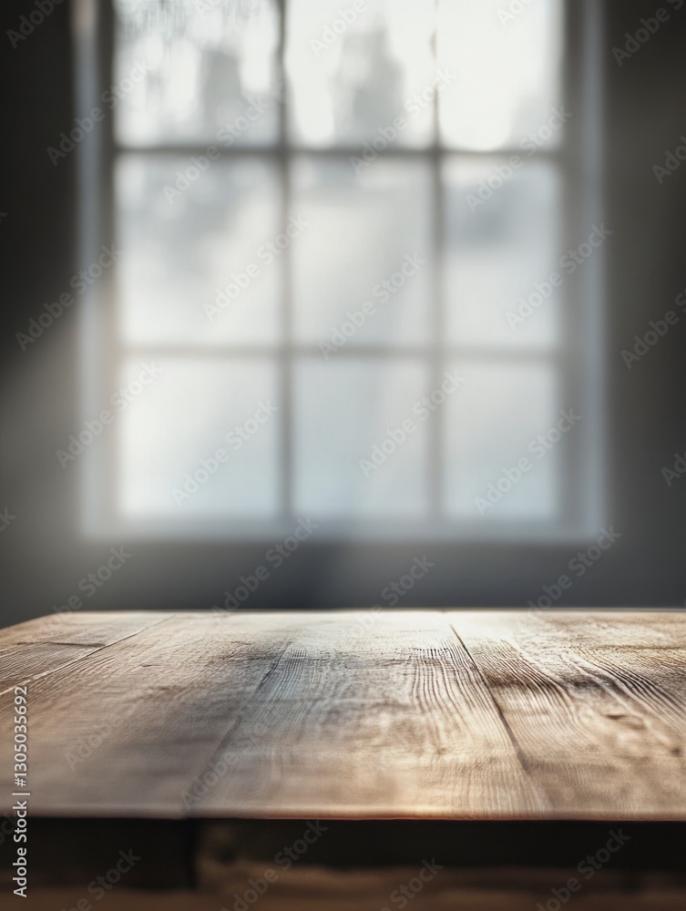 Poster rustic wood table surface with blurred window light background