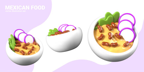 Mexican vegetable soup with beans, radish, greens. Useful hot dish. Set of vector 3D templates