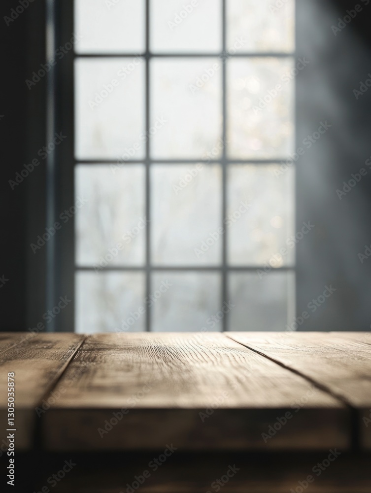 Poster rustic wooden tabletop with window view in soft light product display