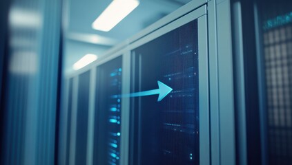 Obraz premium Modern Data Center Infrastructure with Server Racks and Digital Elements Displaying High-Tech Network Connectivity and Data Management
