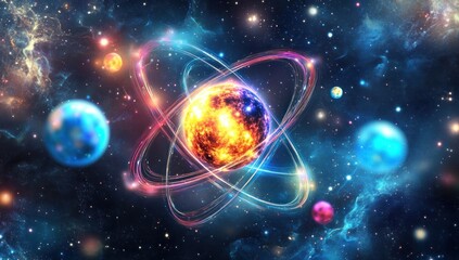 Abstract atom model in space with planets and nebulae.