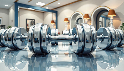 Fototapeta premium Dumbbells with mirror shine in elegant interior of gym, fitness motivation, World Health Day,