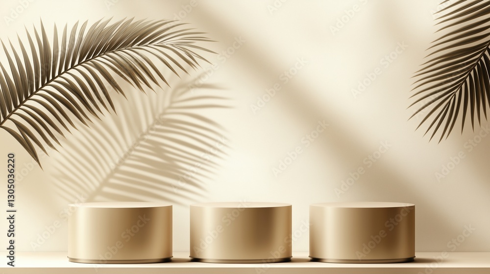 Poster Abstract beige background with three round pedestals and a palm leaf shadow. A minimal mockup ideal for product presentation, cosmetic display, or beauty branding. High-resolution and detailed with sh