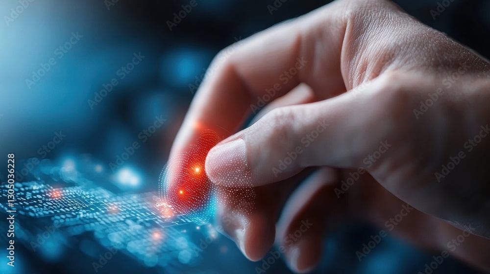 Poster close up of a finger touching a futuristic high tech digital interface with glowing interactive butt