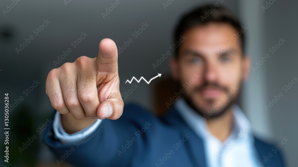 Poster confident businessman in suit pointing at graph or chart on screen analyzing financial data and mark