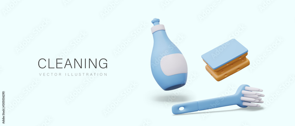 Aufkleber group of 3d items for cleaning. bottle with empty label, brush, sponge. vector composition with plac