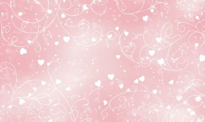Romantic pink background with hearts and swirls.