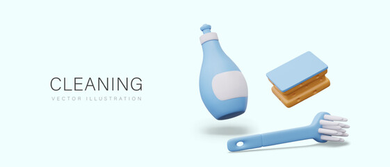 Group of 3D items for cleaning. Bottle with empty label, brush, sponge. Vector composition with place for text, button. Floating objects in cartoon style