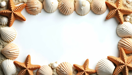 Seashells and starfish border frame with beach copy space for World Oceans Day concept as Delicate seashells and vibrant starfish framing beach space for World Oceans Day greetings in  Photo Stock  Co