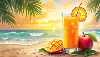 Tropical mango juice by sunset beach, refreshing wellness concept,  World Health Day, Watercolor Style,