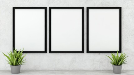 Modern Workspace with Three Empty Frames and Green Plants Decor