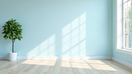 Serene Minimalist Room Interior Design with Sunlight Streaming Through Window and Single Potted Plant