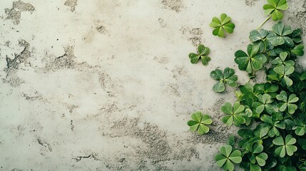 3D render of green shamrock leaves with white clover flowers on a grey background. St. Patrick's Day concept