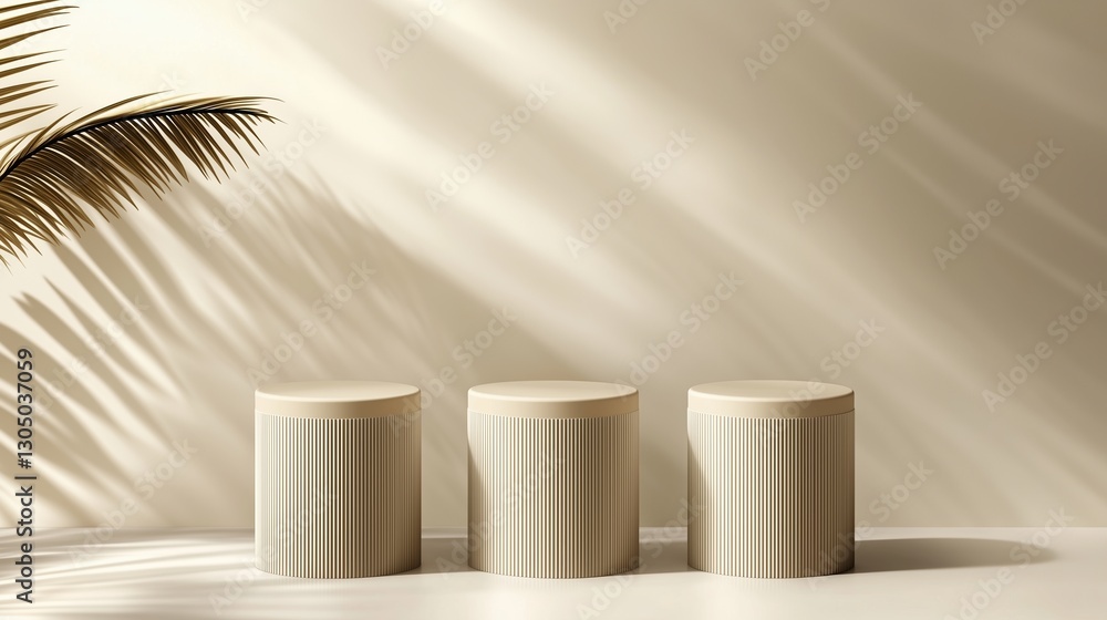 Poster Abstract beige background with three round pedestals and a palm leaf shadow. A minimal mockup ideal for product presentation, cosmetic display, or beauty branding. High-resolution and detailed with sh