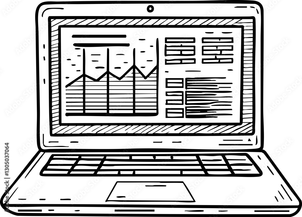 Poster marketing research, laptop displaying data charts and graphs in a sketch style.