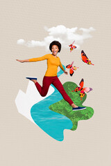 Trend artwork creative sketch 3D photo collage of young lady run smile cloud butterfly outdoors...