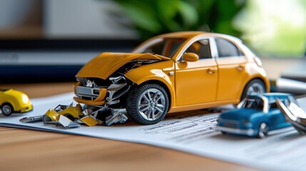 Closeup of a heavily damaged yellow car with crushed and distorted body panels broken headlights and shattered glass lying on the roadway after a serious accident or collision incident