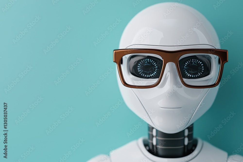 Poster close up of a white futuristic humanoid robot wearing glasses with advanced digital display panels c