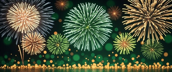 Fototapeta premium elegant green theme fireworks and bokeh abstract background concept backdrop illustration cartoon